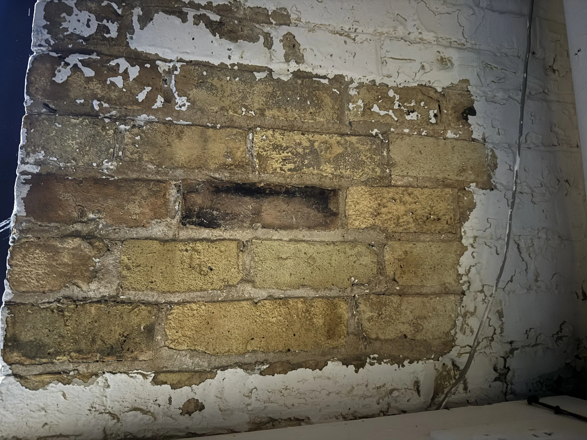 Close-up of a weathered brick wall with white chipped paint on top, some bricks are stained or discolored, and there is a black cable running along the wall.