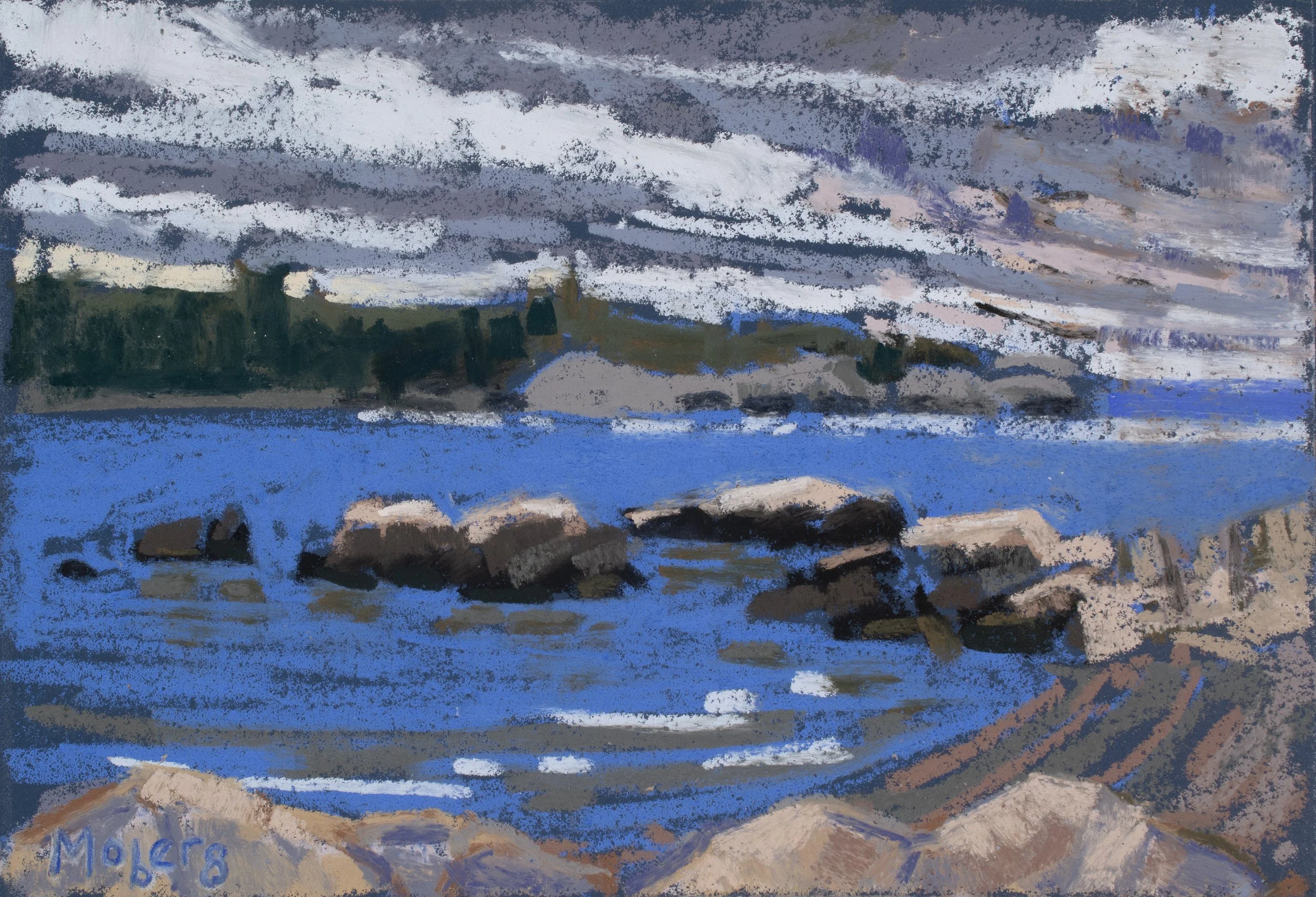 Painting of a rocky shoreline with blue water, large rocks in the foreground, and bridge over water in distance under cloudy sky.