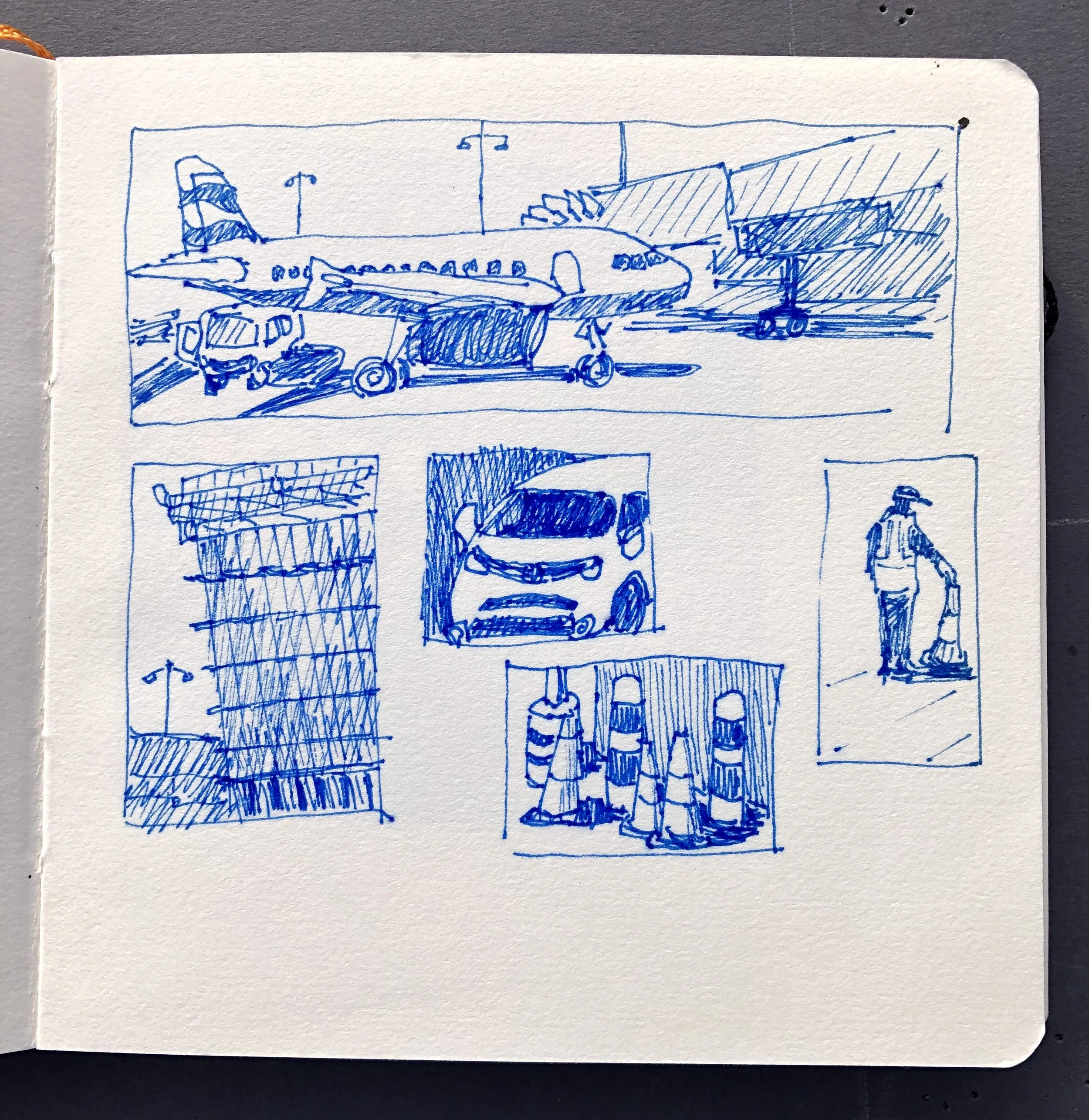 Sketched collage of airport scenes, including airplanes, cars, a worker with traffic cones, a tall building, and a person with luggage.