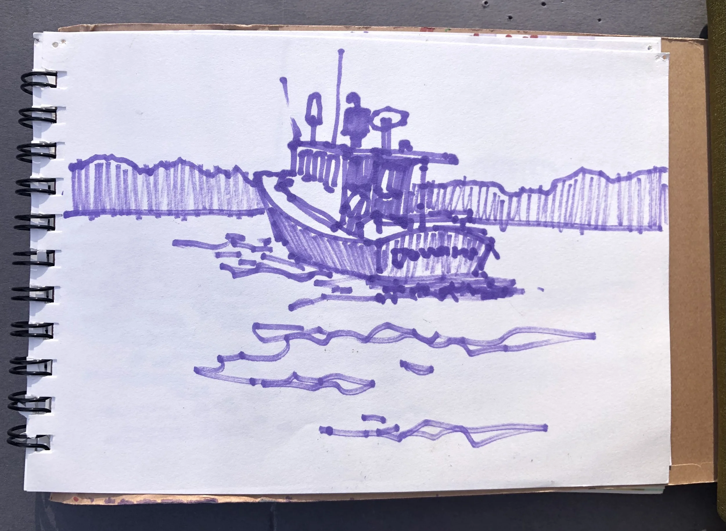 A purple ink sketch of a boat in water, with a rocky shoreline or cliffs in the background.