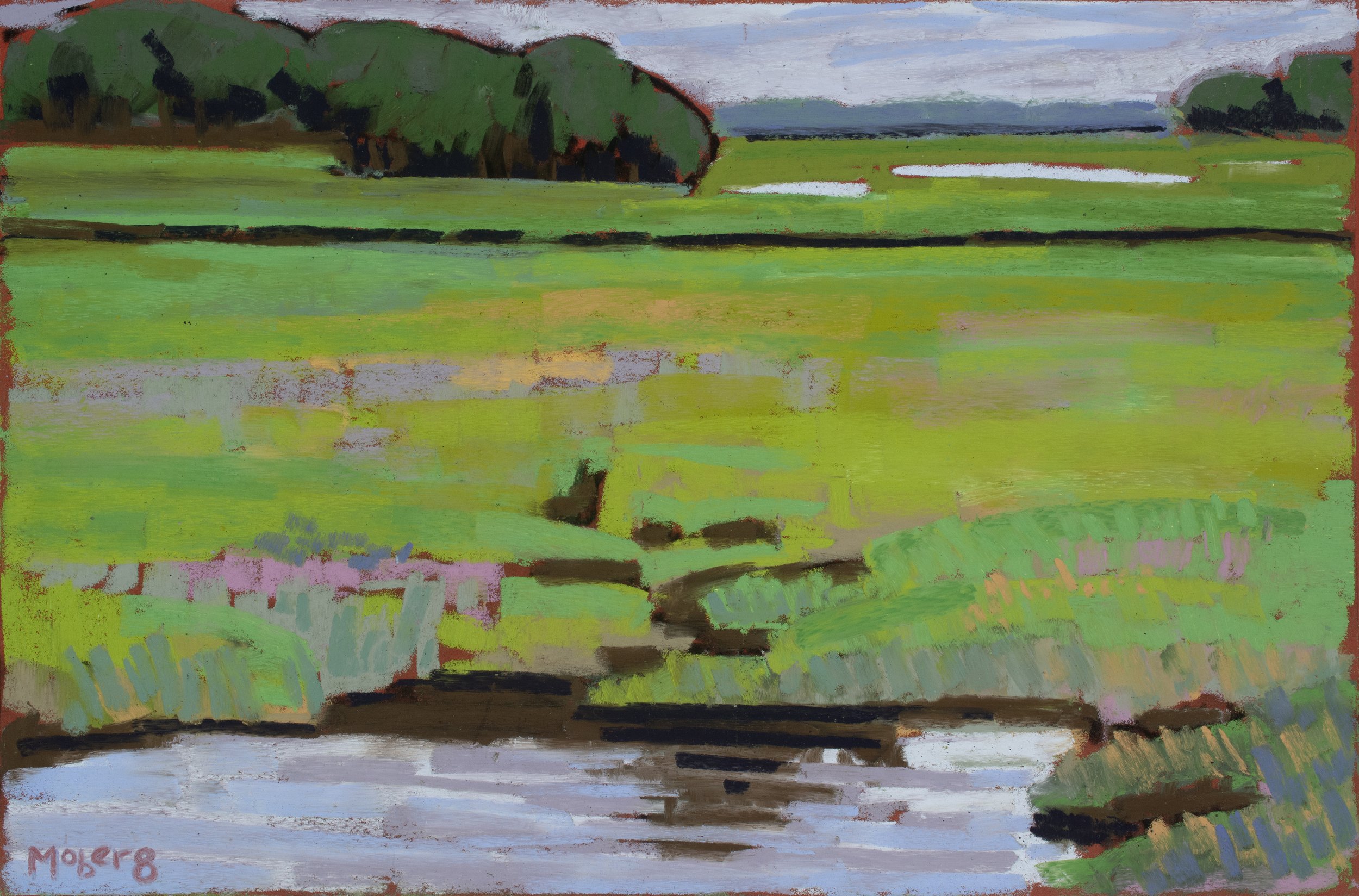 An abstract landscape painting featuring green fields, a dark creek at the bottom, and a line of trees on the horizon with a cloudy sky.