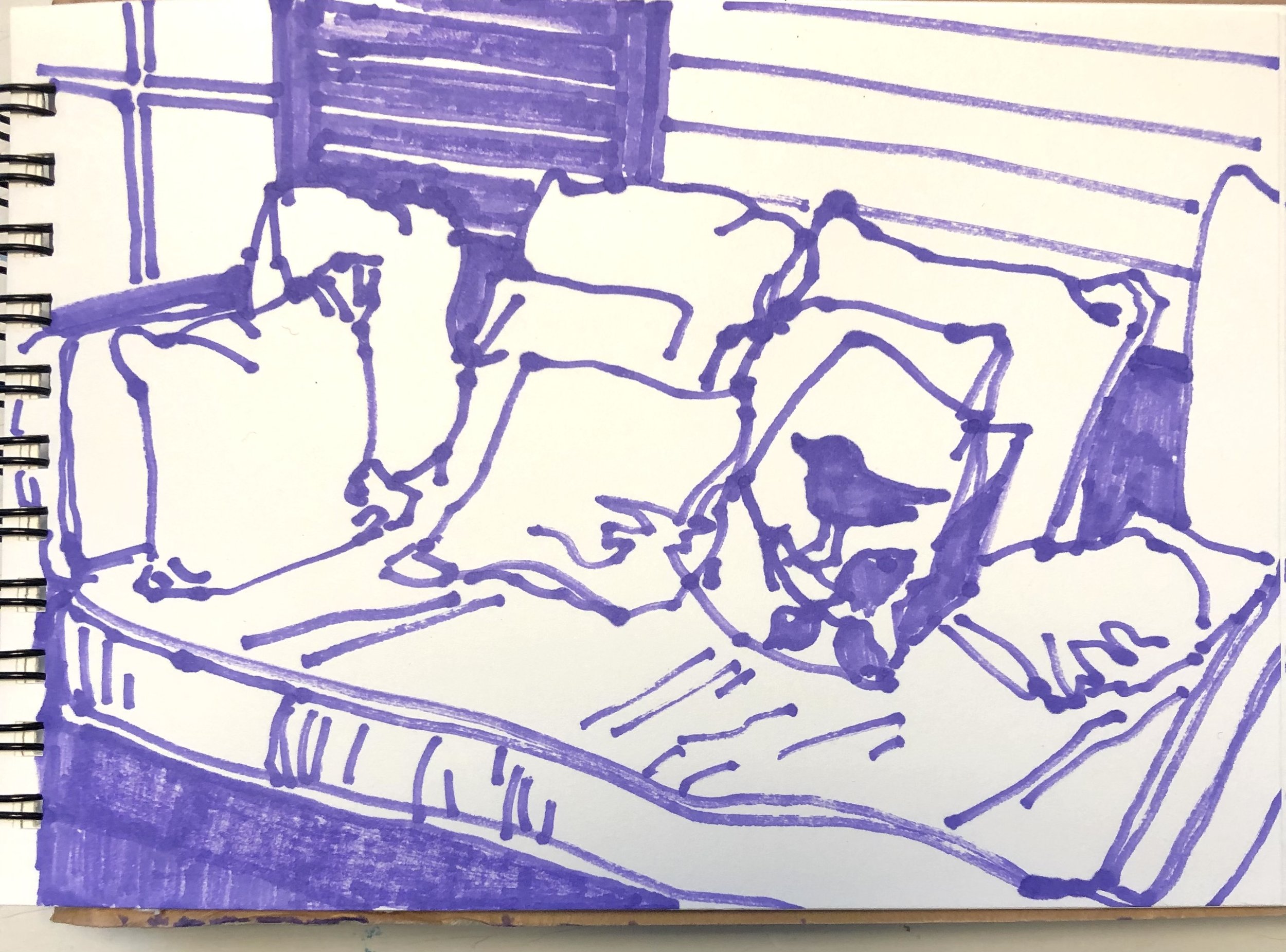 Line drawing of a person lying on their side on a bed, with a dog lying nearby, in a room with horizontal and vertical wall panels.