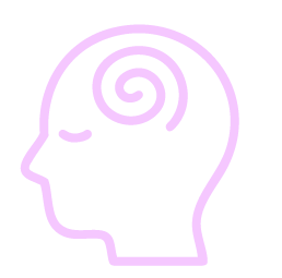 Minimalist purple outline of a human head with a spiral inside representing the brain