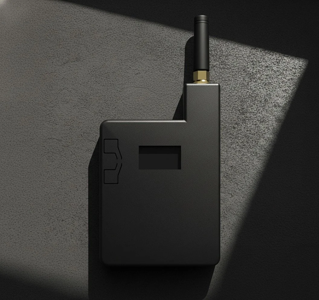 A black portable electronic device with a small screen and buttons, attached to an antenna, resting on a textured dark surface with a shadow cast across it.