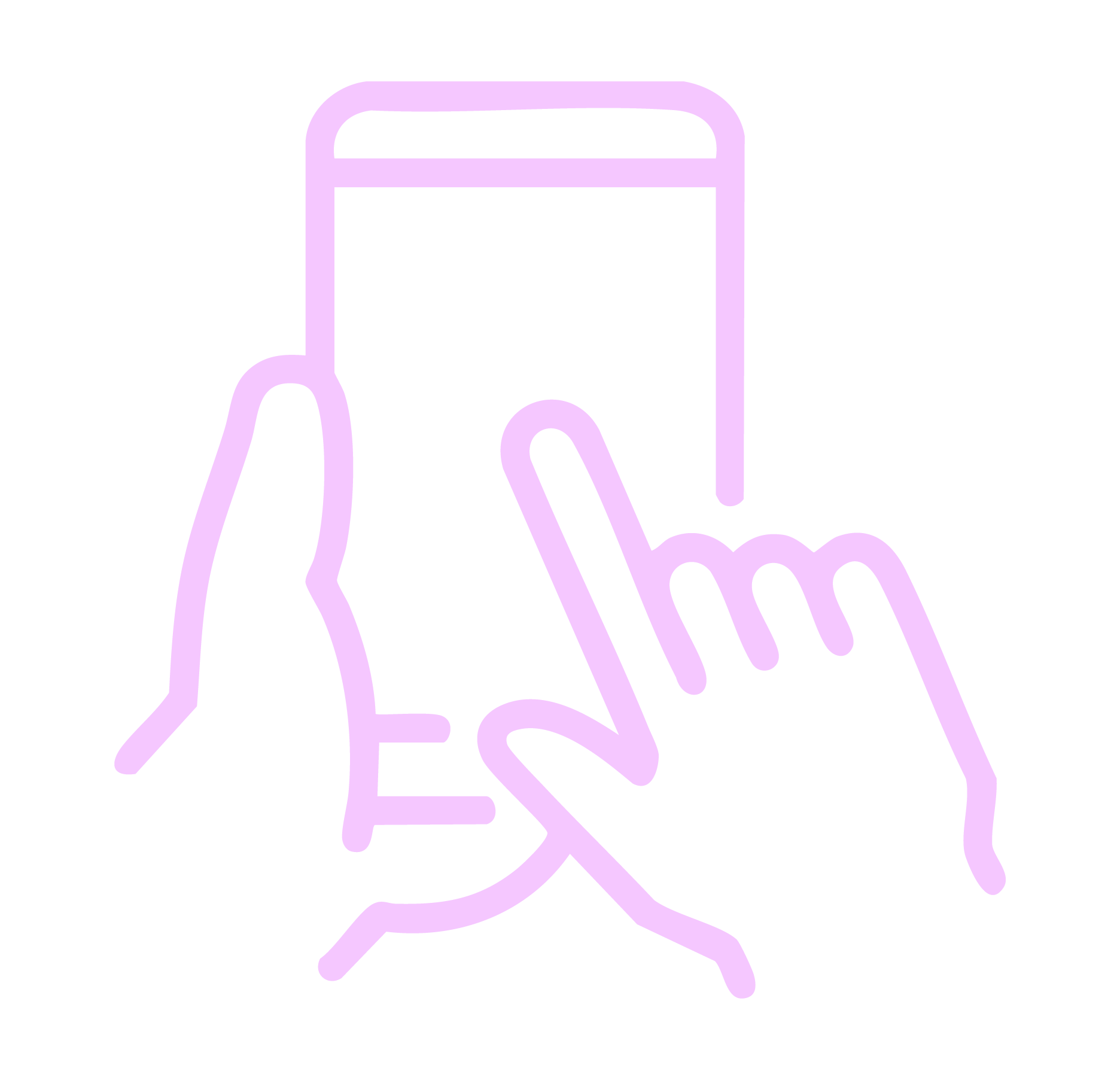 Outline of a person holding a smartphone, with a finger touching the screen, in neon purple lines.