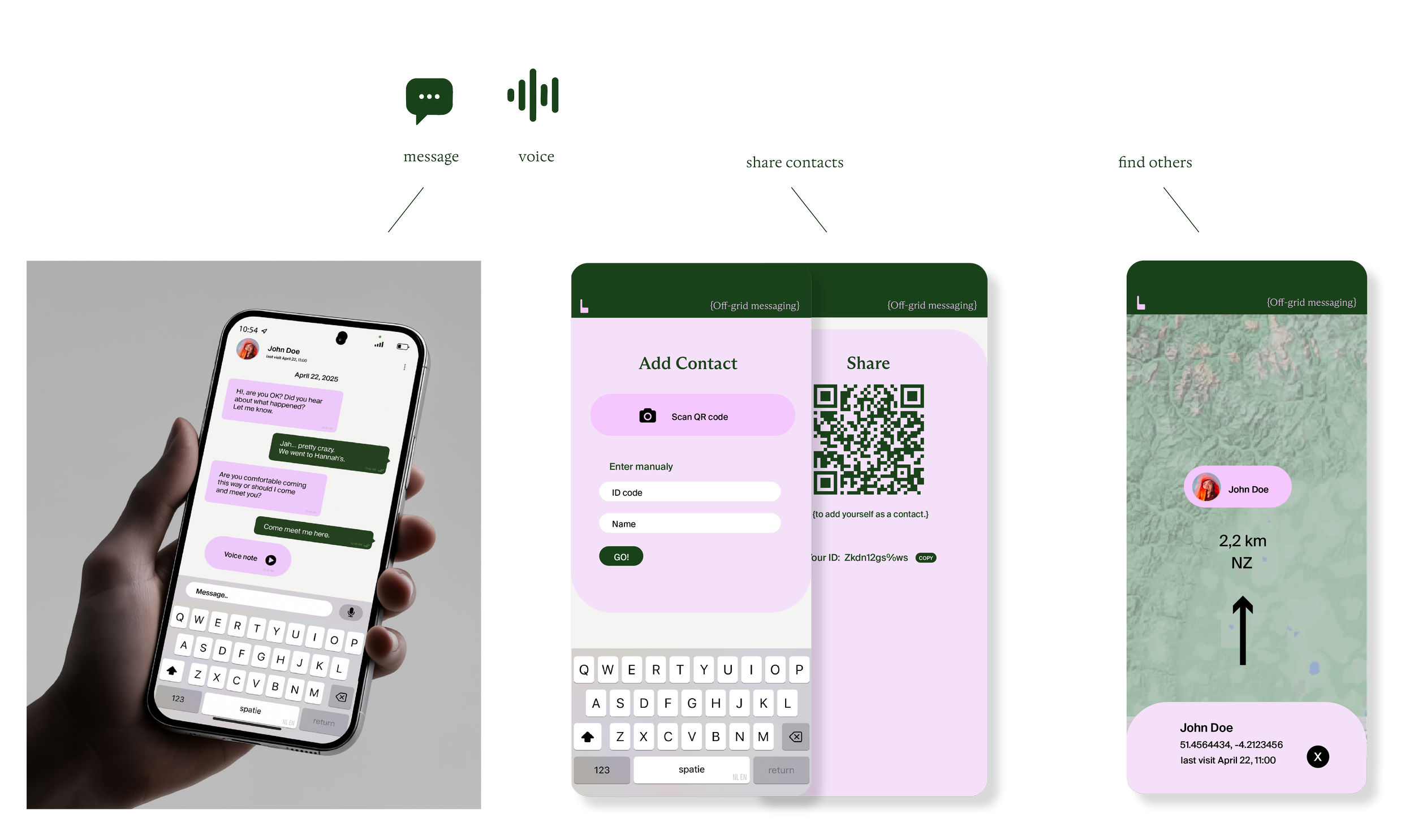 Screenshot of a mobile app interface showing a chat conversation, QR code for contact sharing, and a map with location details.
