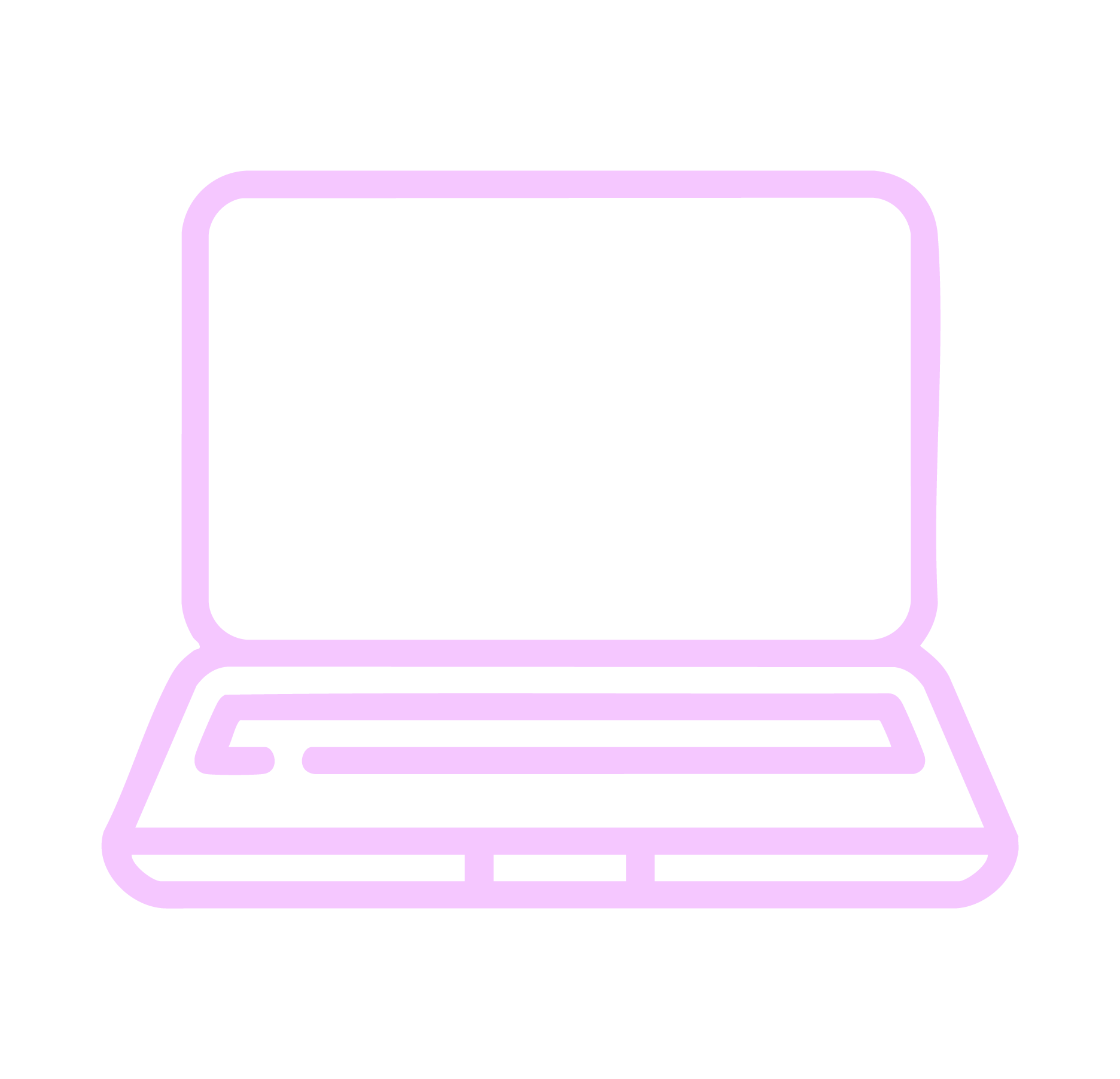 Outline drawing of a laptop with a purple border on a black background.