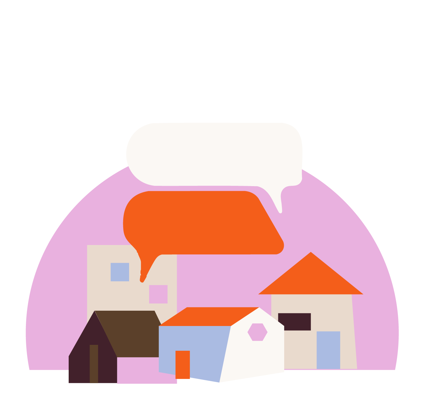 Illustration of various modern houses with speech bubbles above.