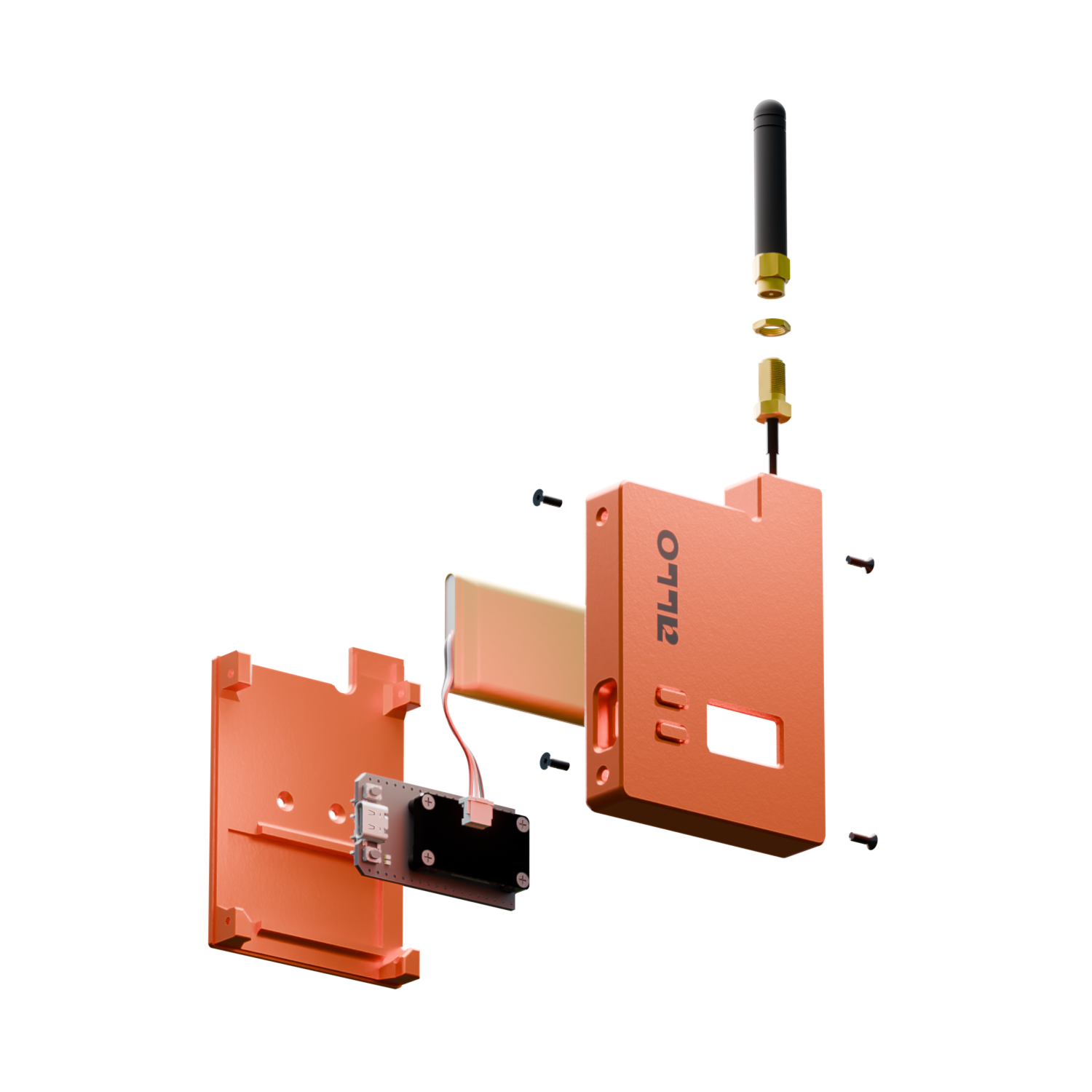 Een kleurrijke elektronica-onderdelen set met verschillende componenten, zoals een zwart antenne-element, een roze behuizing en een blauwe display, uitgestald tegen een zwarte achtergrond.
