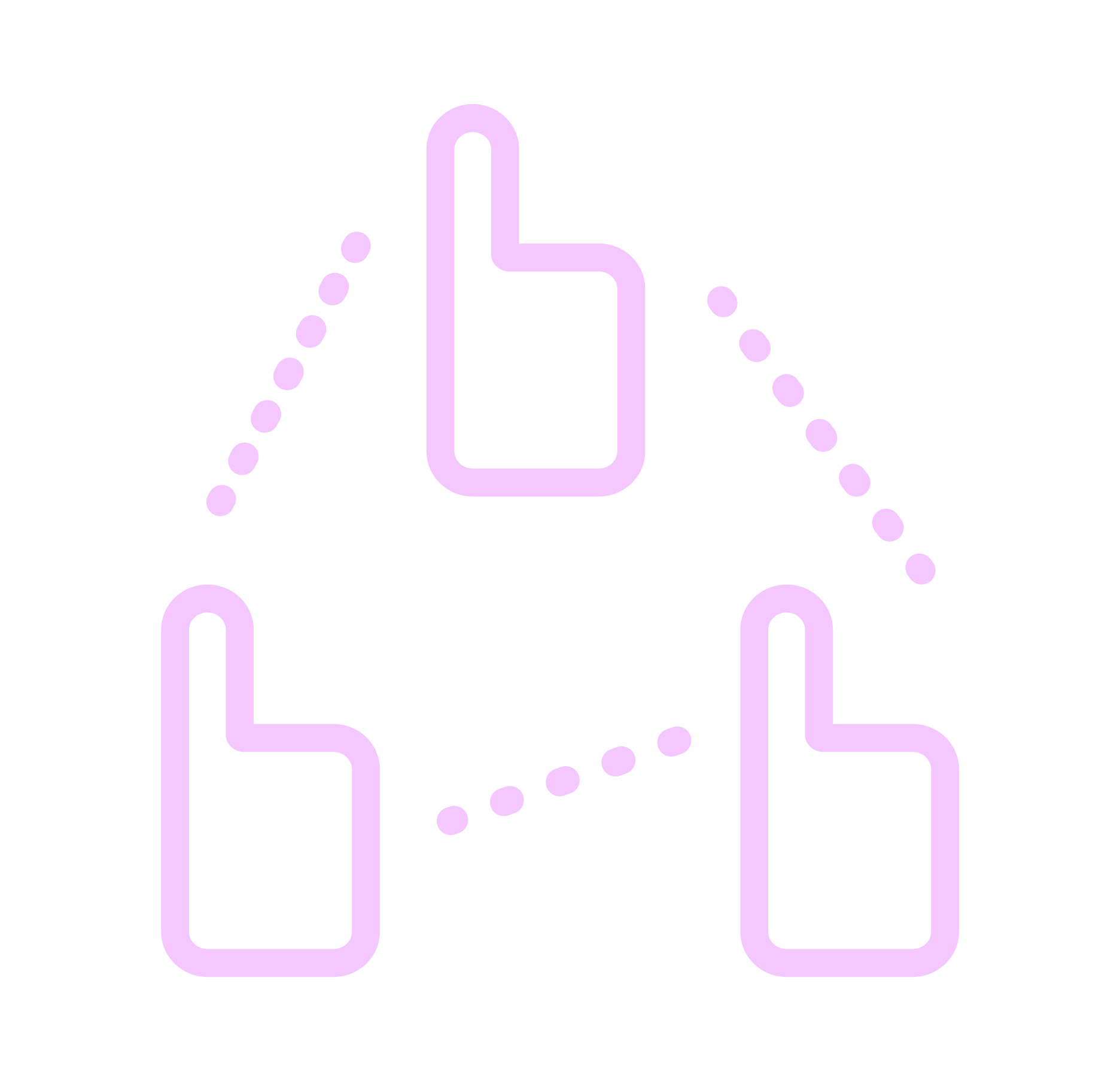 Illustration of three All, o devicesconnected by dotted lines to signify interaction and a mesh connection, in light purple on a black background.