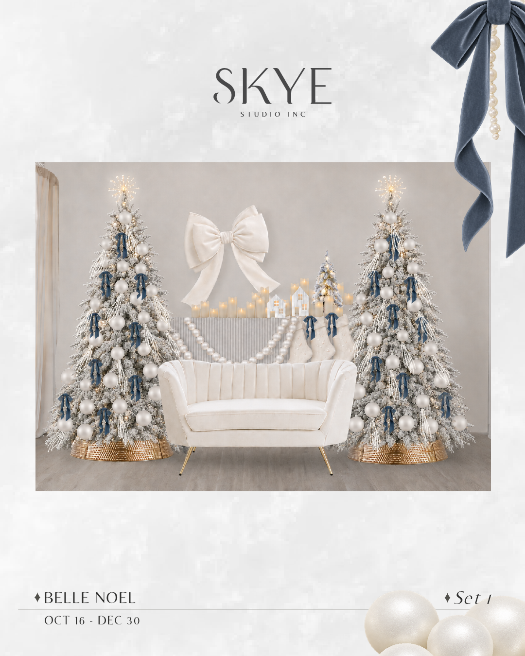 Daybreak winter set with snowy trees, ivory ornaments and blue bows