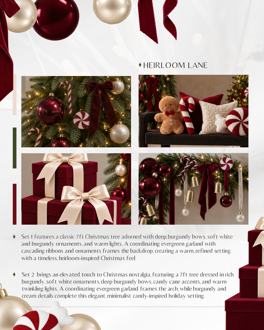 Afterglow Christmas tree with burgundy ornaments and warm lights