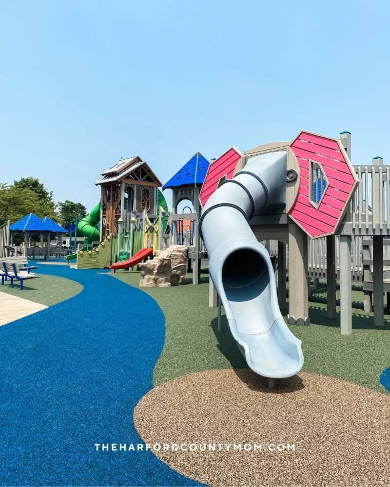 A bright, huge playground with rubberized floor can be found at Annie's Playground in Fallston, Maryland