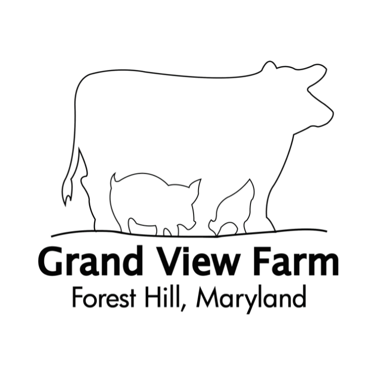 Grand View Farms regenerative farm located in Forest Hill, Maryland's logo of Cow with chicken and pig outline in front. Click to learn more about Grand View Farms