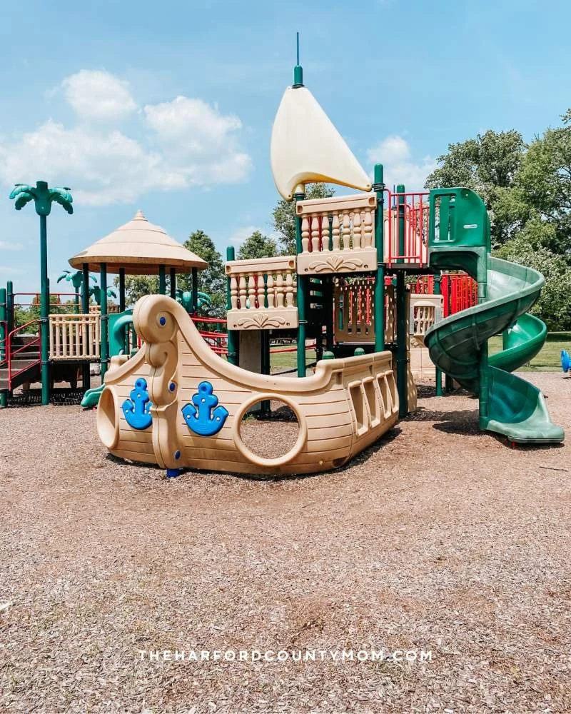 Ship-themed playground structure at Flying Point Park in Edgewood, Maryland is perfect for an outing with kids