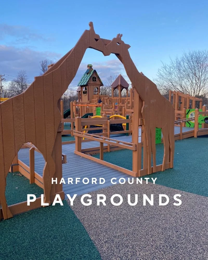 Cover image for Harford County Playgrounds with two wooden giraffe cut-outs creating an exciting arch entrance at Lyn Stacie Getz Playground in Bel Air, MD