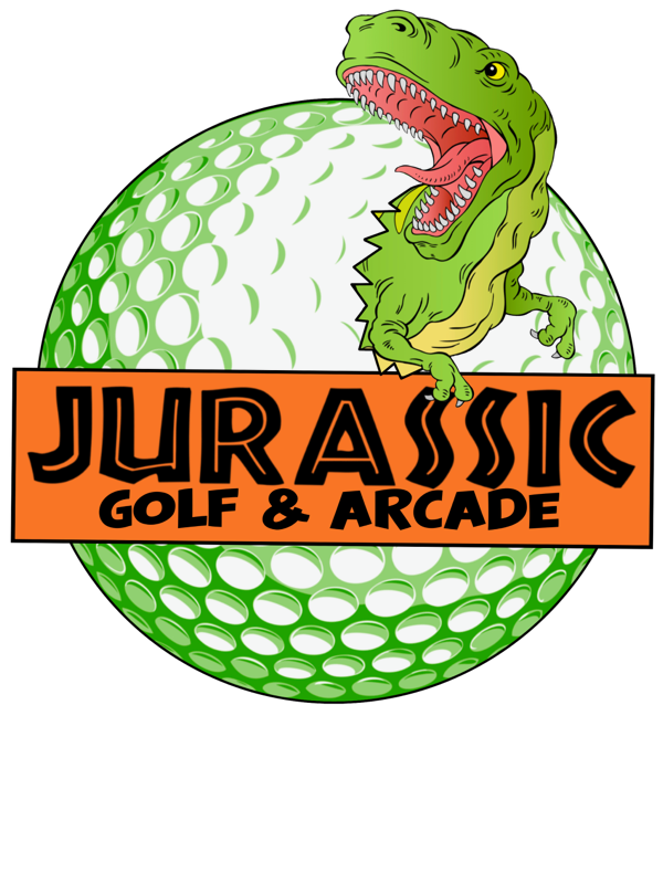 Jurassic Golf and Arcade logo with a T-Rex popping out of a green golf ball. Jurassic Golf is located in Bel Air, MD and you can get $2 off per mini golf round by mentioning "The Harford County Mom"