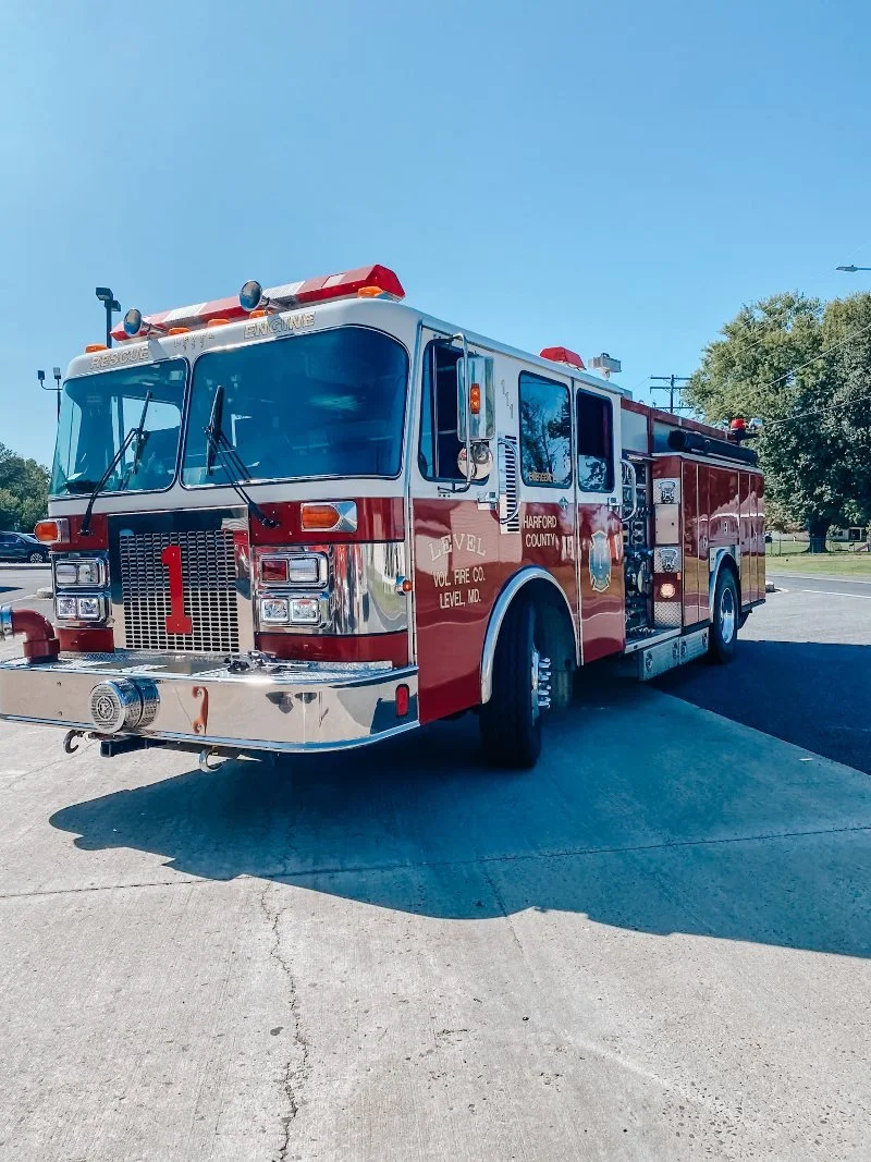 front view of a fire truck located in harford county maryland and on display for fire prevention awareness month