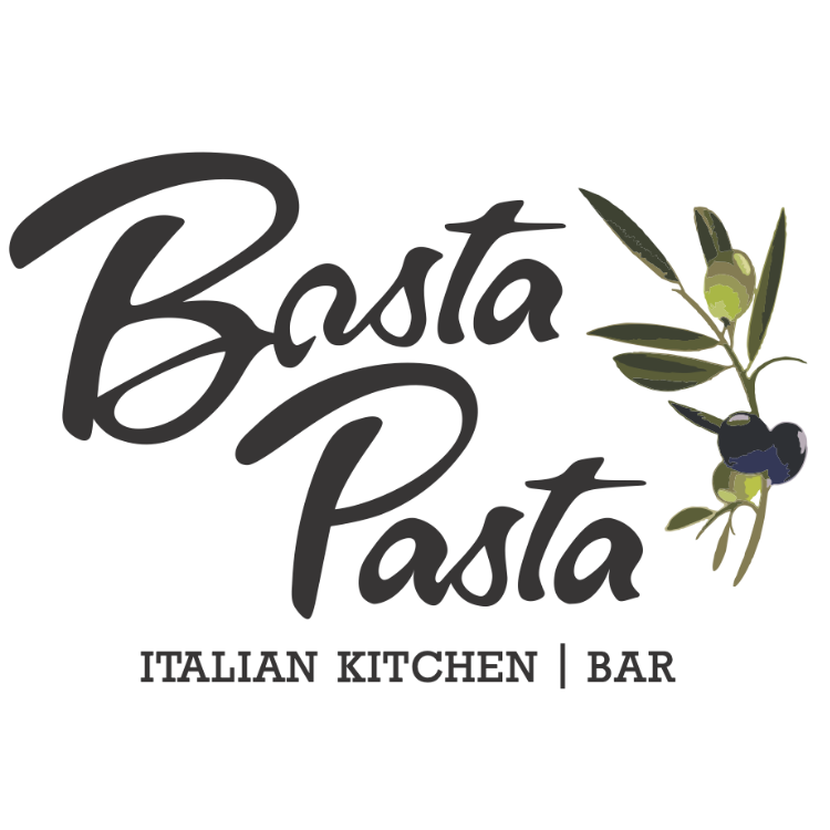 Basta Pasta Italian Kitchen and Bar logo with olive branch. Click to learn more about Basta Pasta