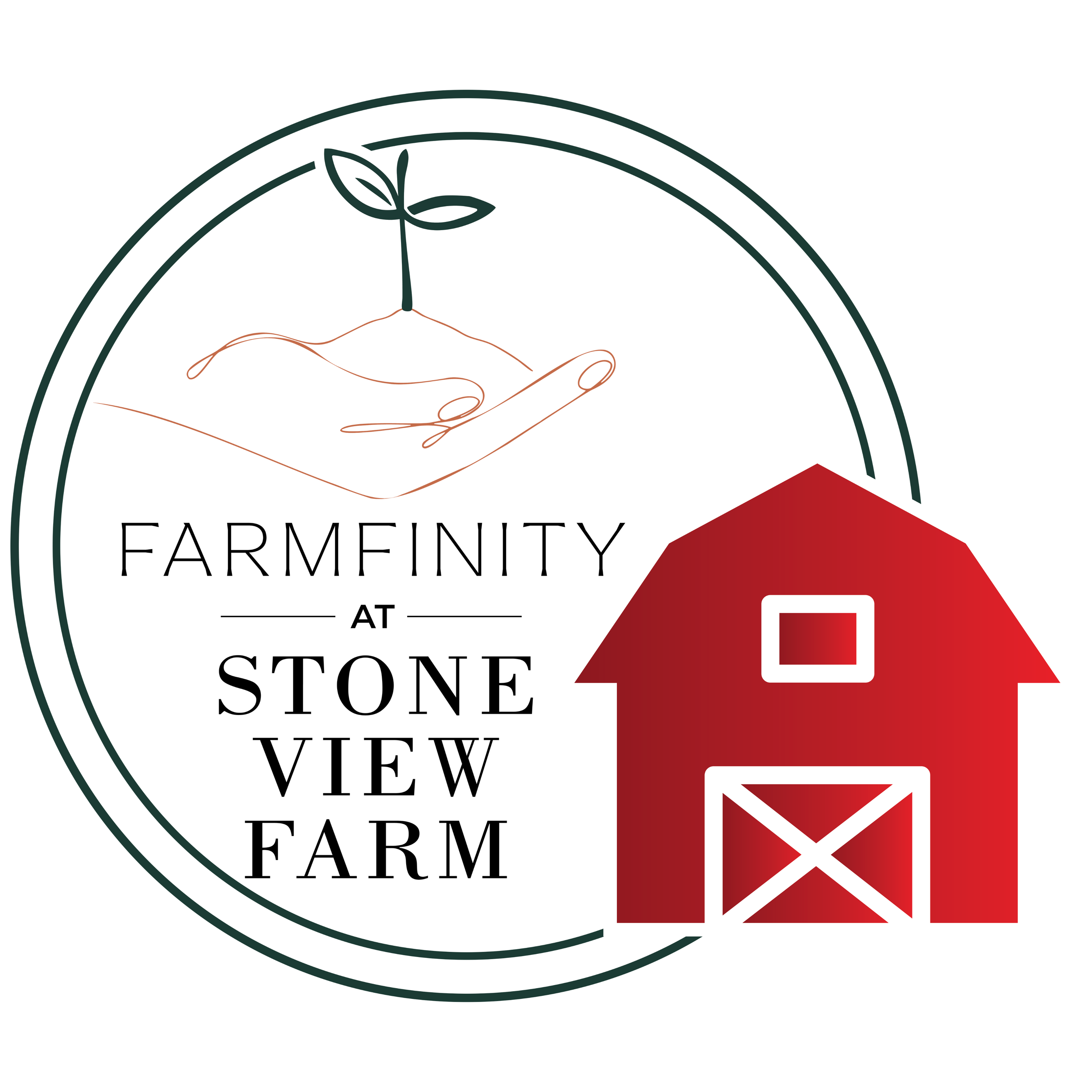 Double circle around hand holding dirt with sprout and FarmFinity at Stone View Farm with red barn illustration on the site. Stone View Farm is located in Darlington, Maryland
