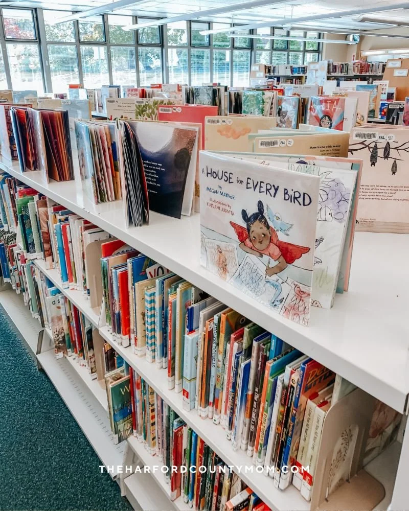 Fallston Library showcases picture books displayed on tops of shelved to encourage young readers