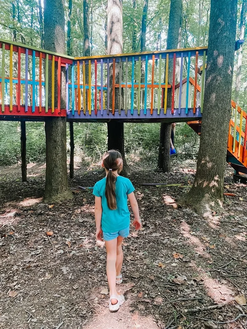 girl looking up to see the tree house at the bear legacy adventure trail in abingdon