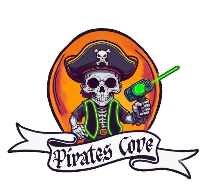 Pirates Cove Family Fun Center in Havre de Grace, Maryland logo featuring banner with business name and a pirate holding a neon green laser gun and vest in front of orange circle. You can get $2 off by mentioning "The Harford County Mom"