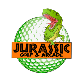 Jurassic Golf and Arcade logo with a T-Rex popping out of a green golf ball. Click to see exclusive discount