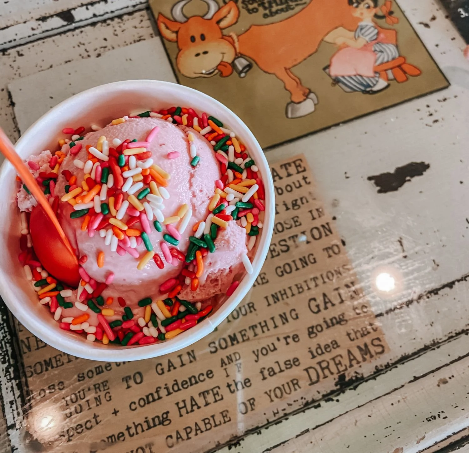 strawberry ice cream with rainbow sprinkles sits in a cup on top of an old farmhouse table at Brooms Bloom Ice Cream shop in Bel Air, MD