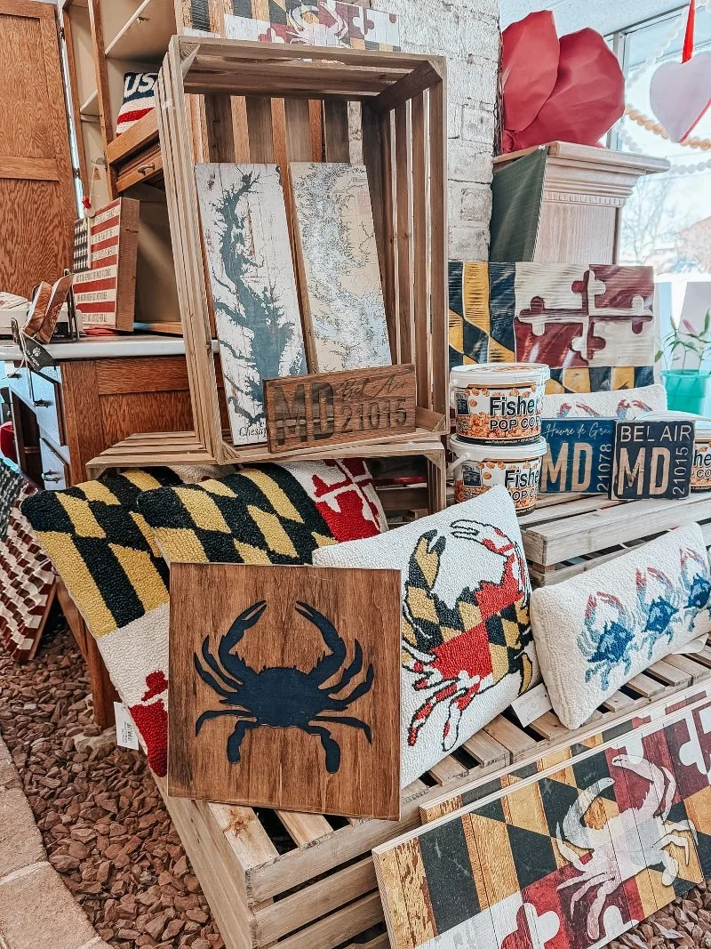 shelves with local vendor products on display at richardson's flowers and gifts in bel air maryland