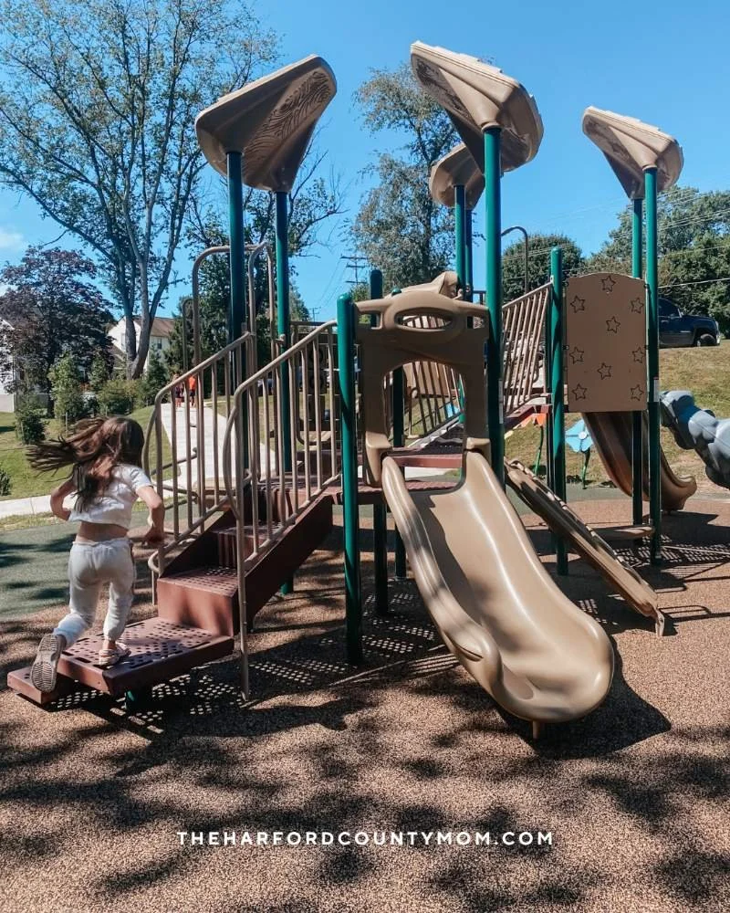 Playground structure with small slides, rock wall and rubberized flooring located at Homestead Park in Bel Air, Maryland