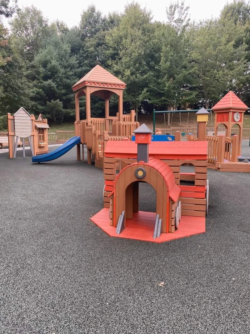 Log-cabin type play structures at Getx playground in toddler area Harford County, maryland