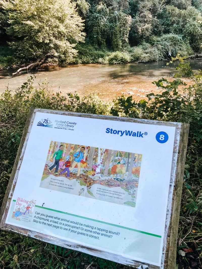 A page of the story located on the StoryWalk trail at Eden Mill Nature Center in Pylesville, MD