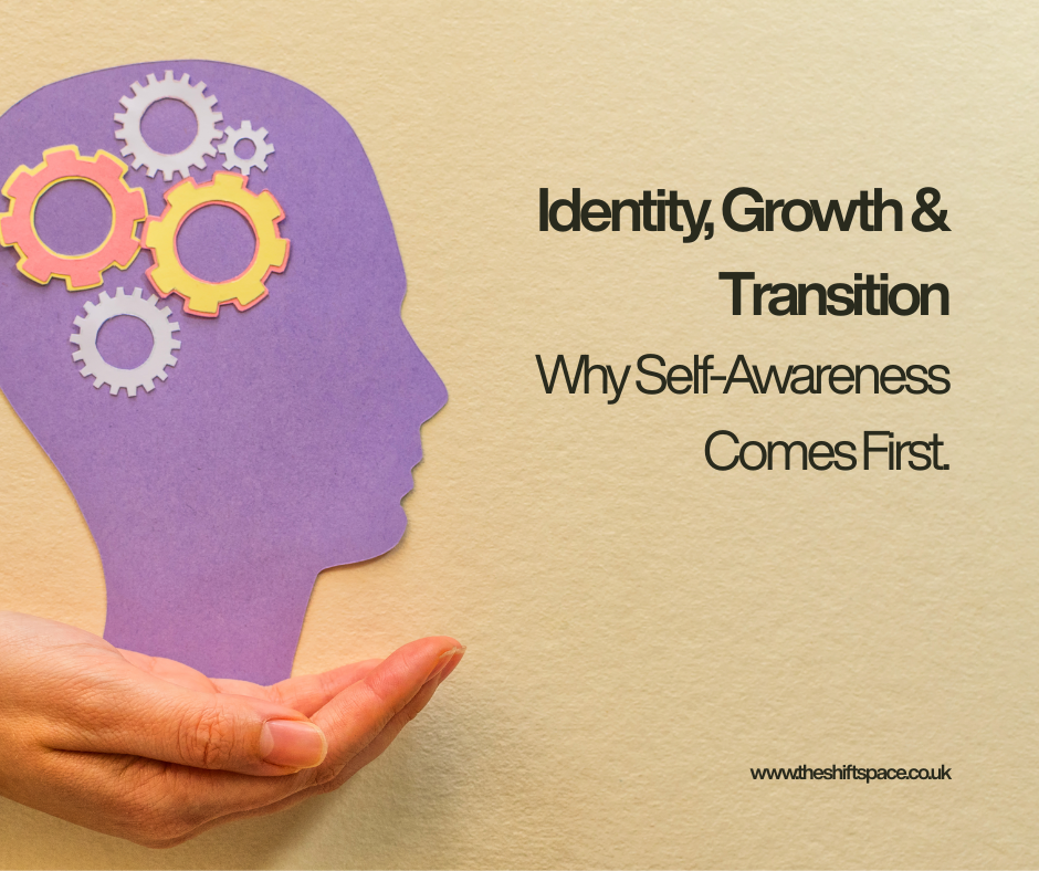 Hand holding a purple head silhouette with gears inside and the text "Identity, Growth & Transition: Why Self-Awareness Comes First.