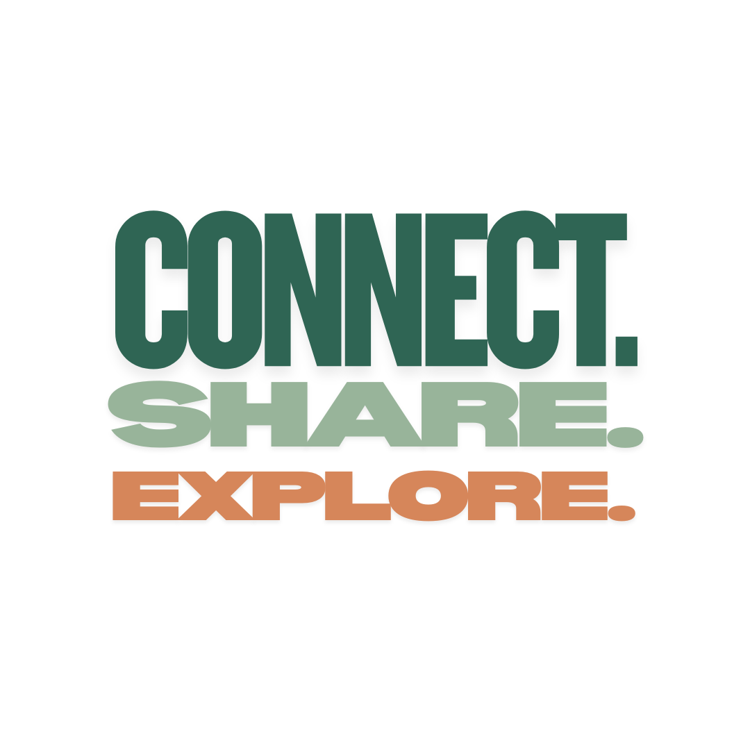 The words "Connect. Share. Explore." in large, colorful text with a white background.