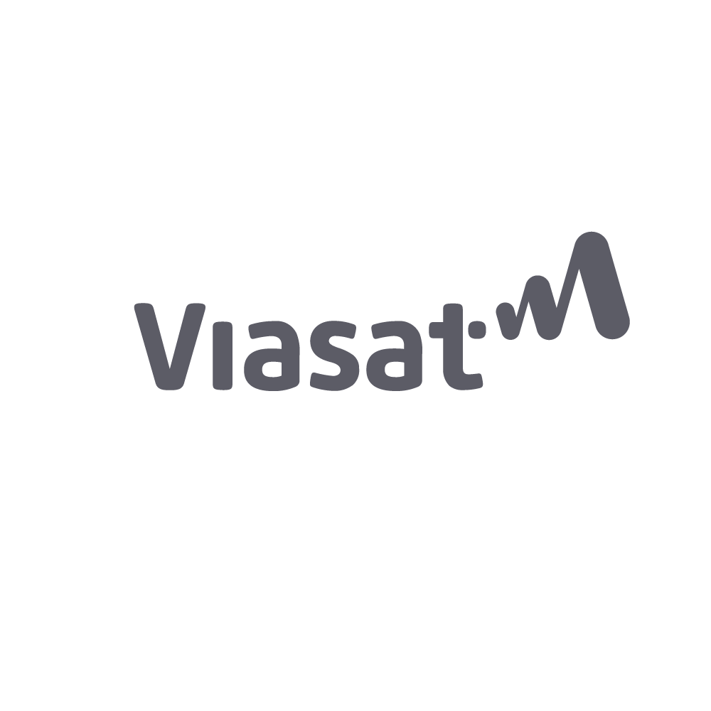 Viasat logo with a woman sitting at a desk and a satellite dish in the background.