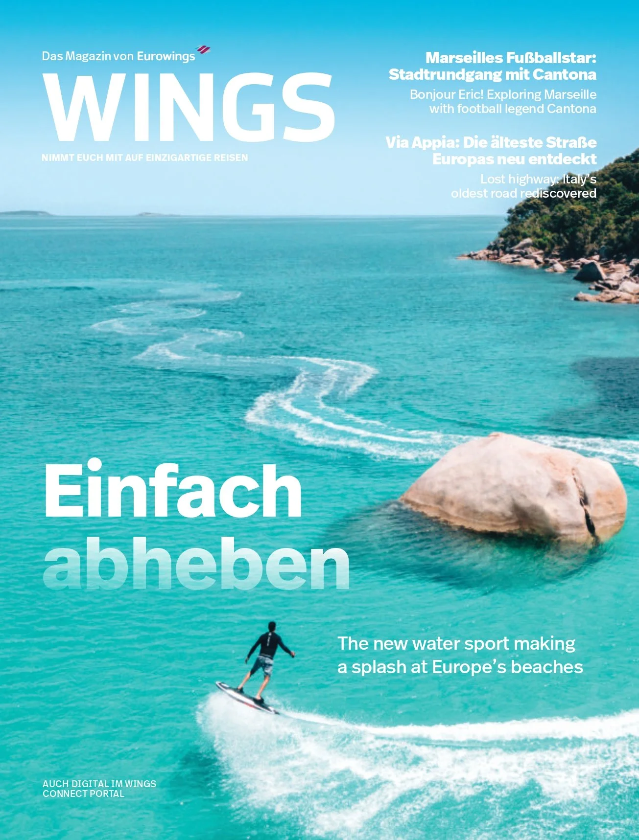 Cover of a magazine titled 'WINGS' by Eurowings, featuring a person waterskiing on a turquoise sea near a large rock and a green shoreline, with headlines about Marseilles football stadium, Marseille exploration, and Italy's oldest road.