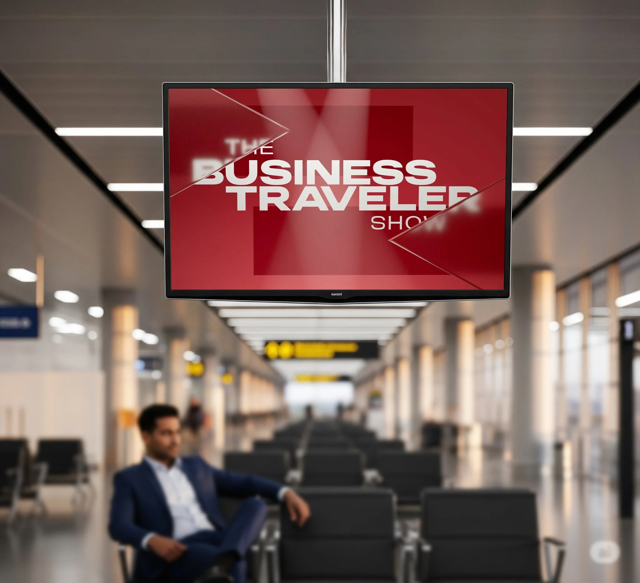 An airport terminal with a large digital screen displaying 'The Business Traveller Show'. A man in a suit sits waiting in the background.
