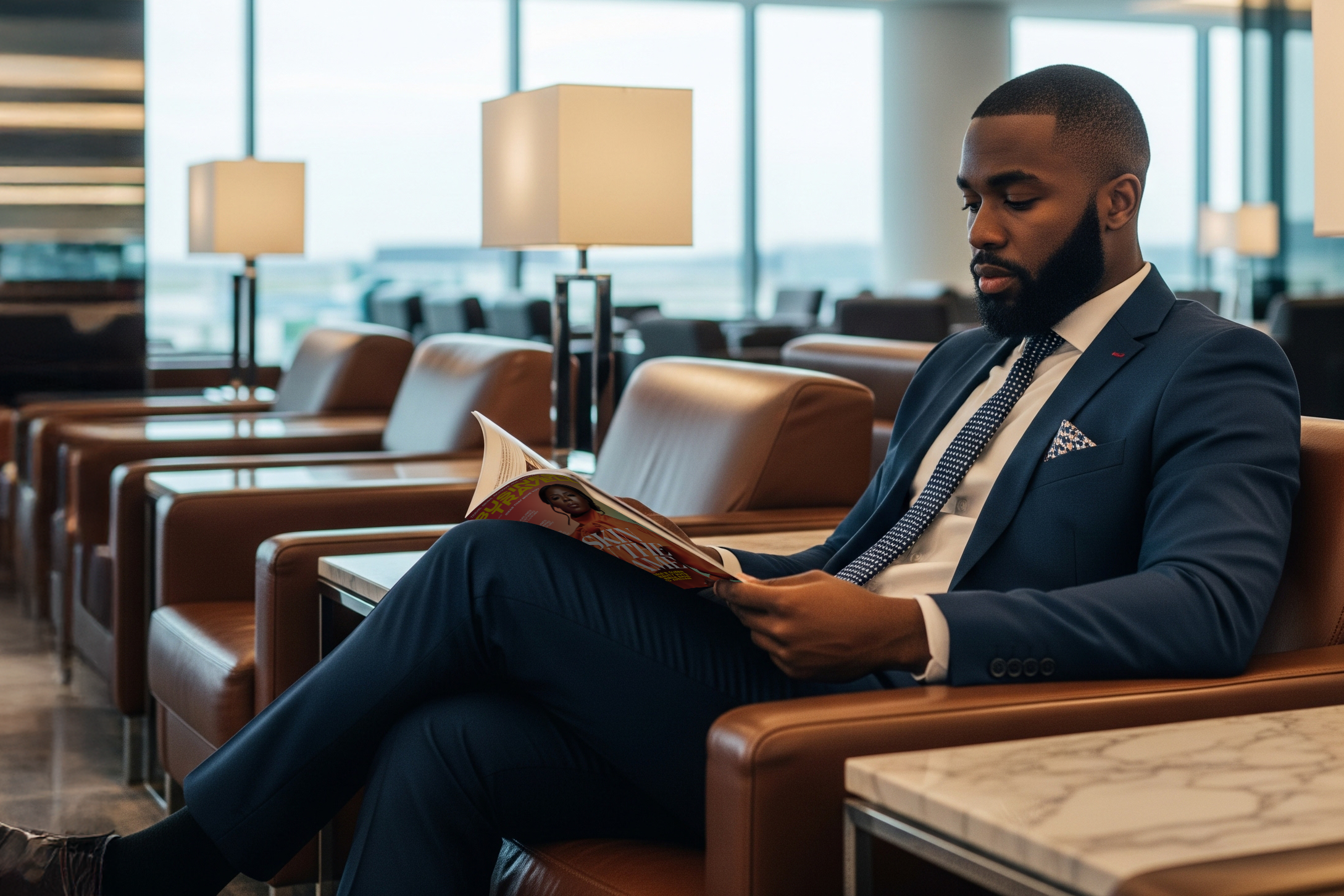 Man in a navy blue suit reading a magazine in an airport lounge with brown chairs and large windows.