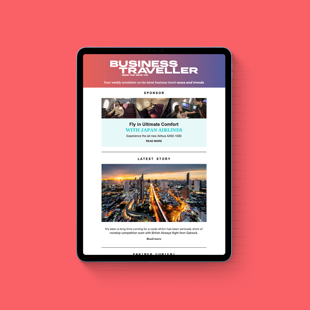 Digital tablet displaying a newsletter titled 'Business Traveller' on a pink background. The newsletter features travel and business-related images and articles.