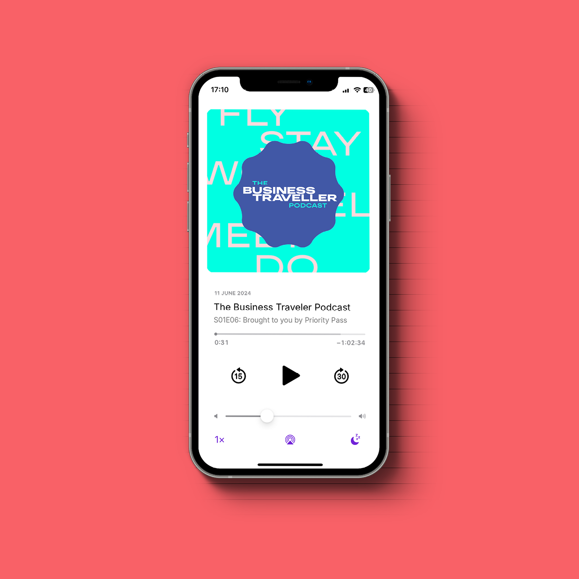 A smartphone displaying a podcast app with the cover art for 'The Business Traveller Podcast', on a pink background.