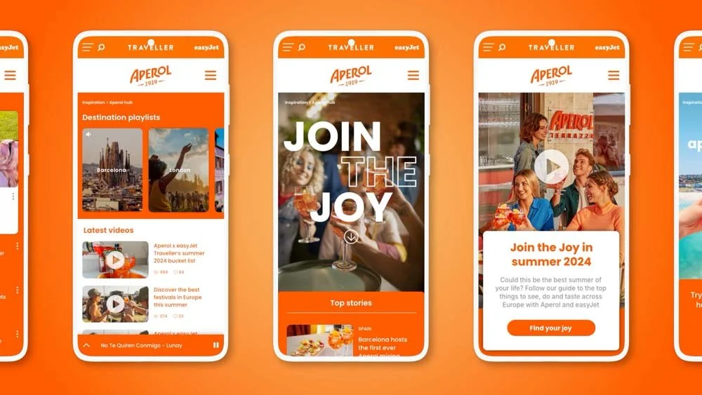 Mobile screens displaying the Aperol website, featuring destination playlists, videos, and promotional content inviting users to join the summer 2024 travel campaign.