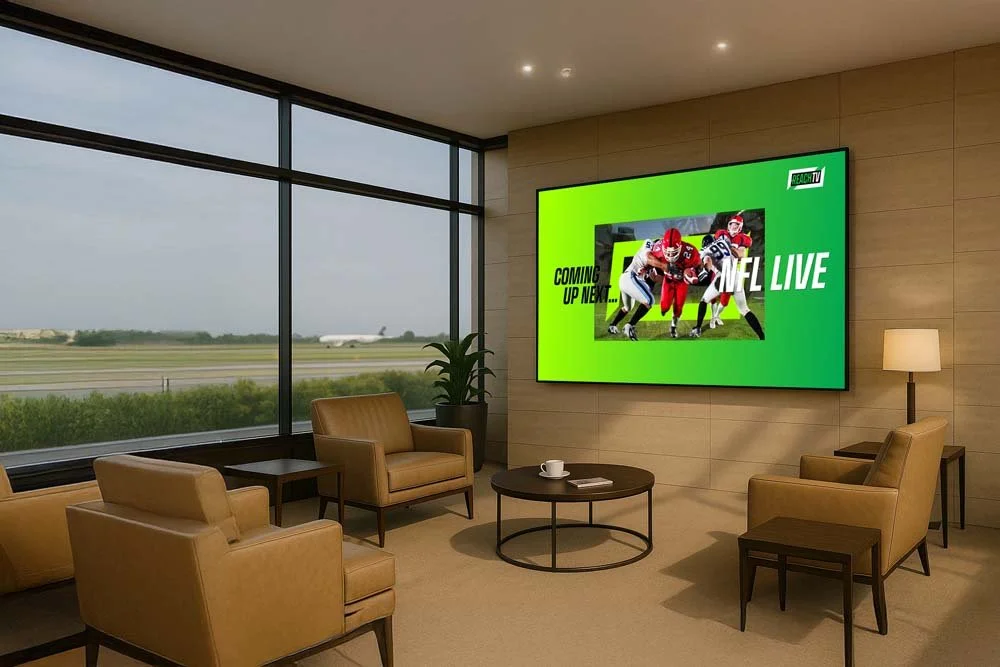 A lounge area with beige chairs, a coffee table with a coffee cup, a floor lamp, and a flat-screen TV on a wooden wall displaying an NFL football game. Large windows show an airport runway outside.