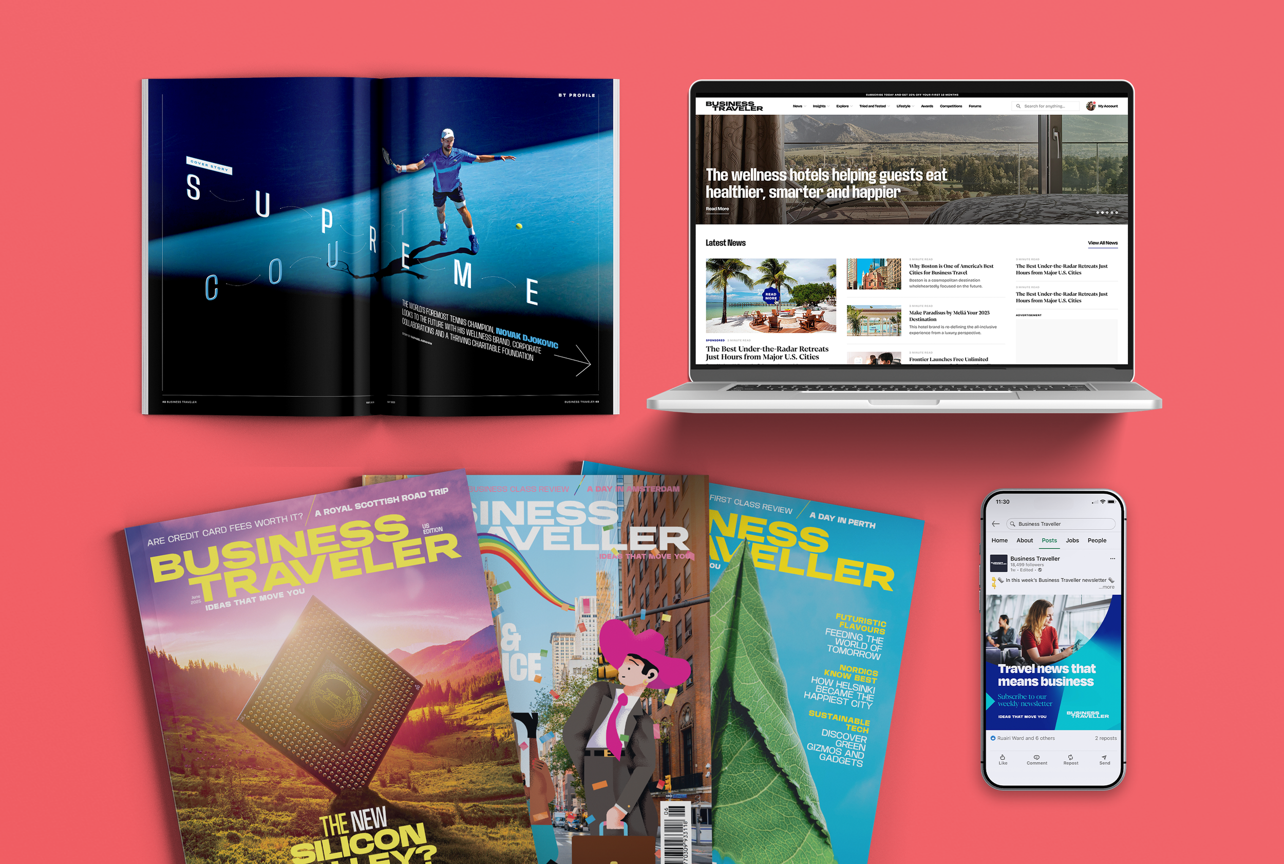 Open magazine with tennis player on the cover, laptop showing business news website, three more magazines with various covers, and a smartphone displaying a business newsletter.