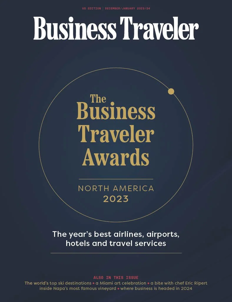 Cover of Business Traveler magazine, December/January 2023/24 edition, featuring the Business Traveler Awards for North America 2023, with details about airlines, airports, hotels, and travel services.