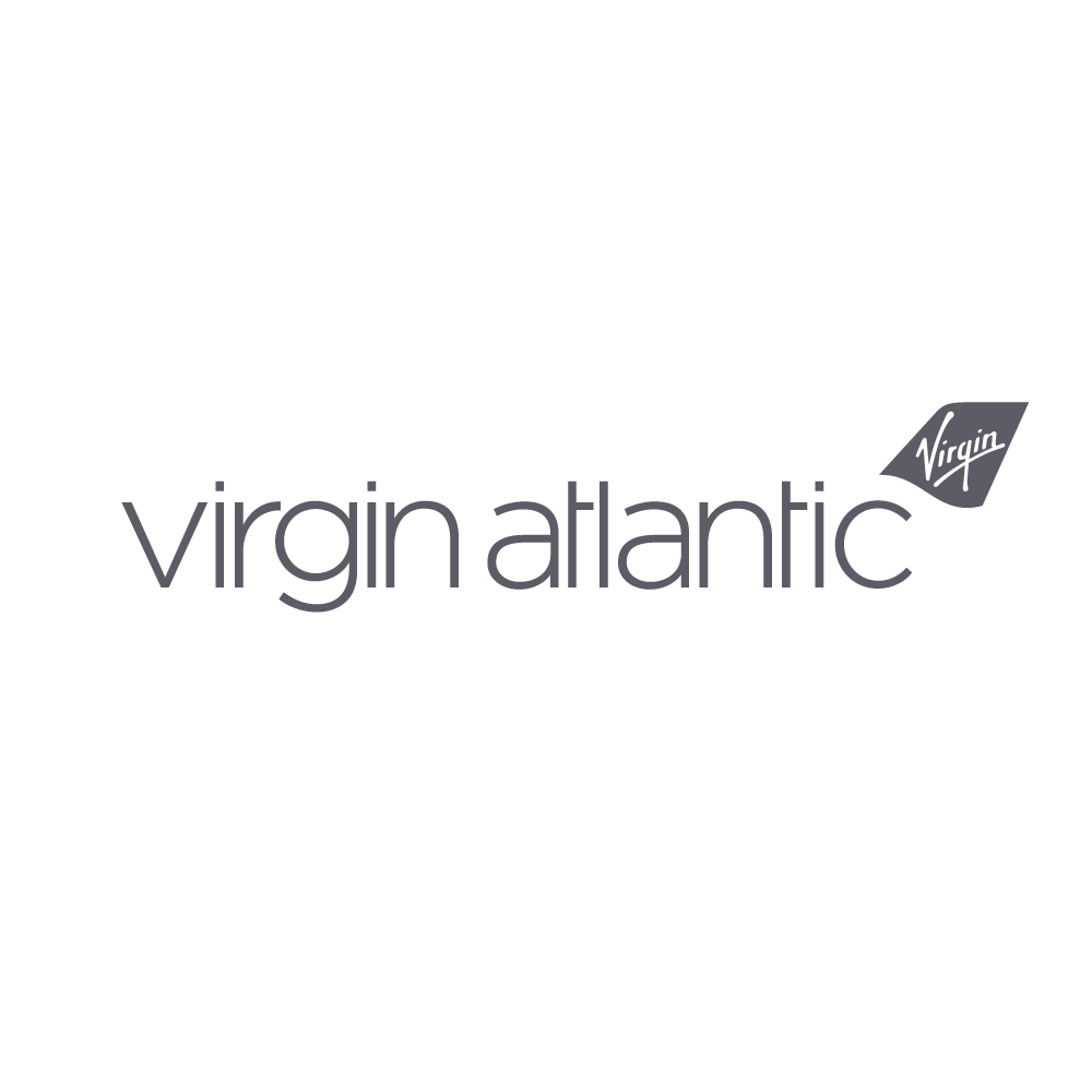 Logo of Virgin Atlantic with the company name in gray lowercase letters, featuring a stylized note with the word 'Virgin' in cursive.