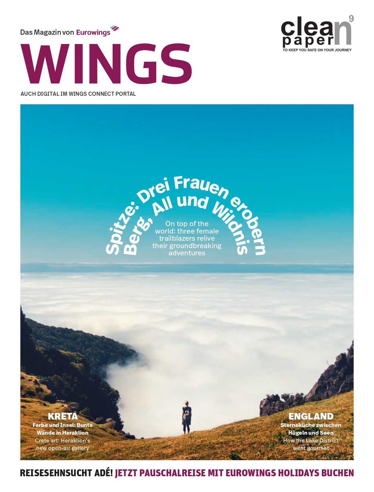 Cover of a magazine featuring a landscape with a person standing on a grassy hill overlooking clouds and mountains. The magazine highlights topics about trekking, with articles on Crete and England.