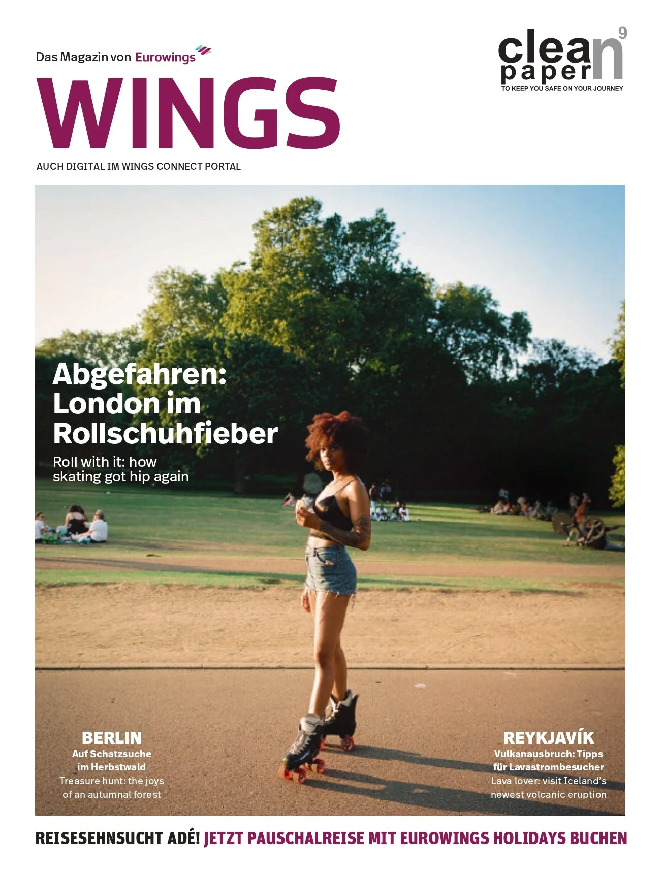 Magazine cover featuring a woman roller skating in a park, with trees and people in the background.