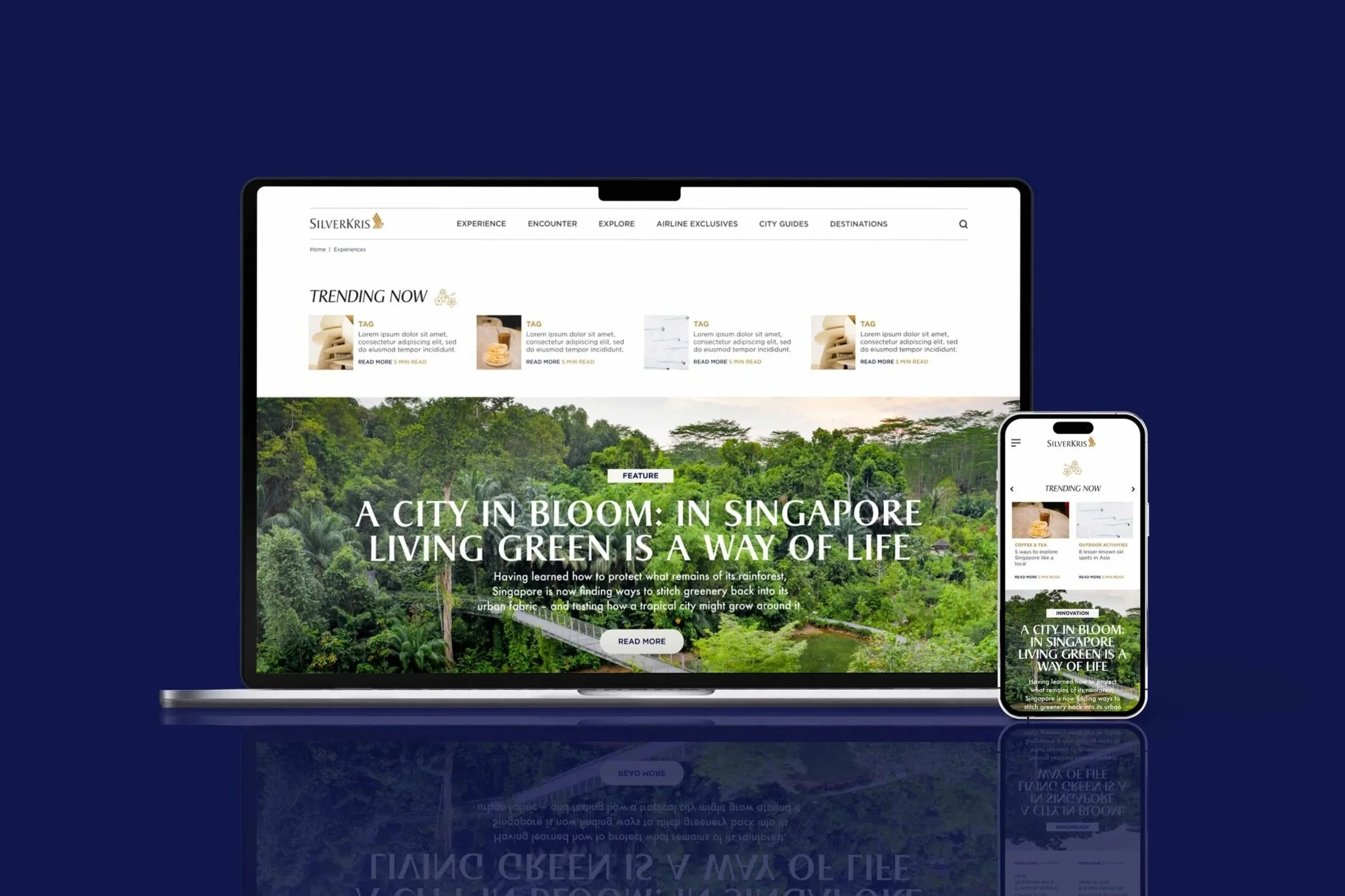 Laptop and smartphone showing travel website designs with travel articles and colorful cocktails on an orange background.