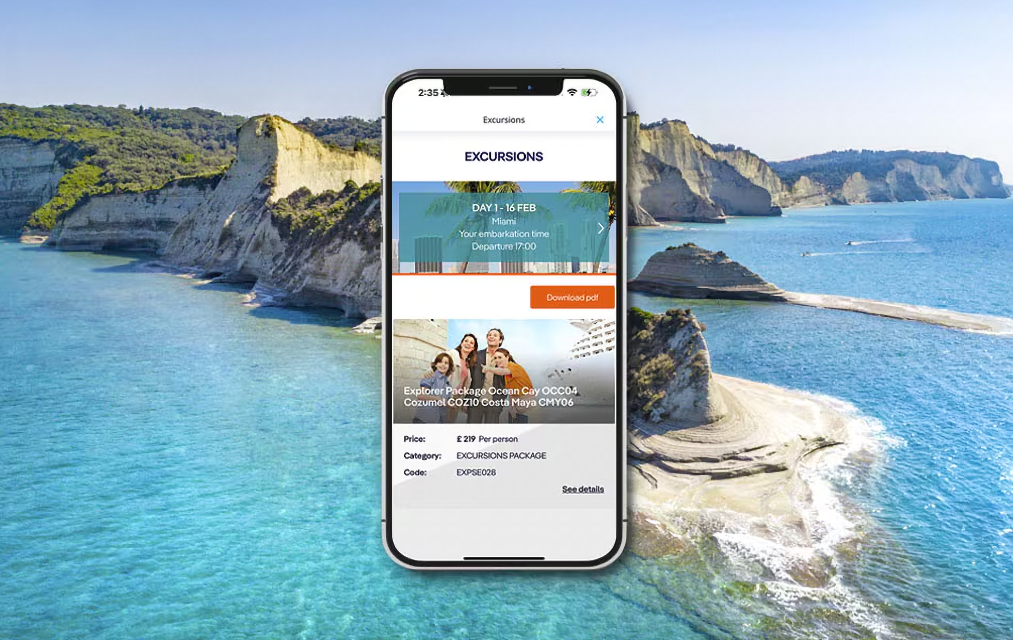 A smartphone displaying a travel booking app with excursions to Ocean Cay and Cozumel, over a scenic ocean background with white cliffs and blue water.